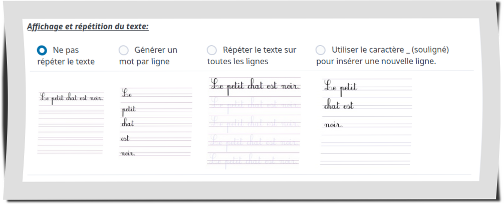 Options de répétition du texte du générateur d'apprentissage de l'écriture